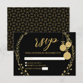 Cartão RSVP Festa de Natal Elegante Black Dourado Wreath