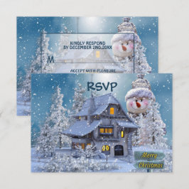 Cartão RSVP Festa de Natal Inverno Branco Boneco de Neve Azul