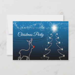 Cartão RSVP Festa de Natal Rena Árvore Céu Azul Estrelas Brilh