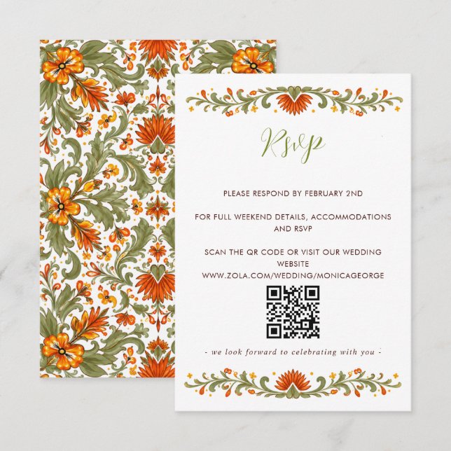 Cartão RSVP Festa Mexicana Verde Talavera  QR CODE (Frente/Verso)
