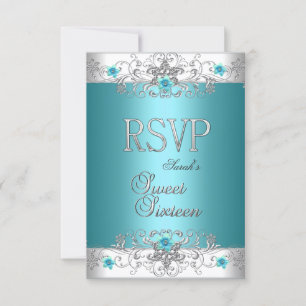 Cartão RSVP Festa Sweet Sixteen 16 Aniversário Azul Teal Emily