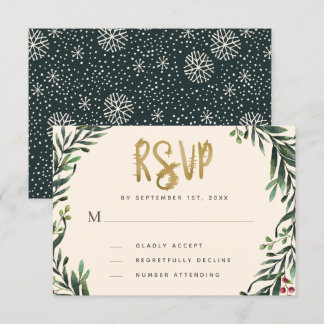 Cartão RSVP Festive Watercolor Wreath Gold Wedding