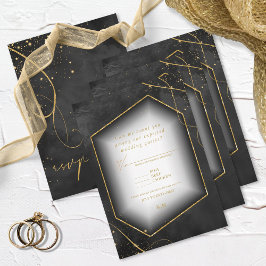Cartão RSVP Fine Lines Dourado Abstrato Wedding Black ID867