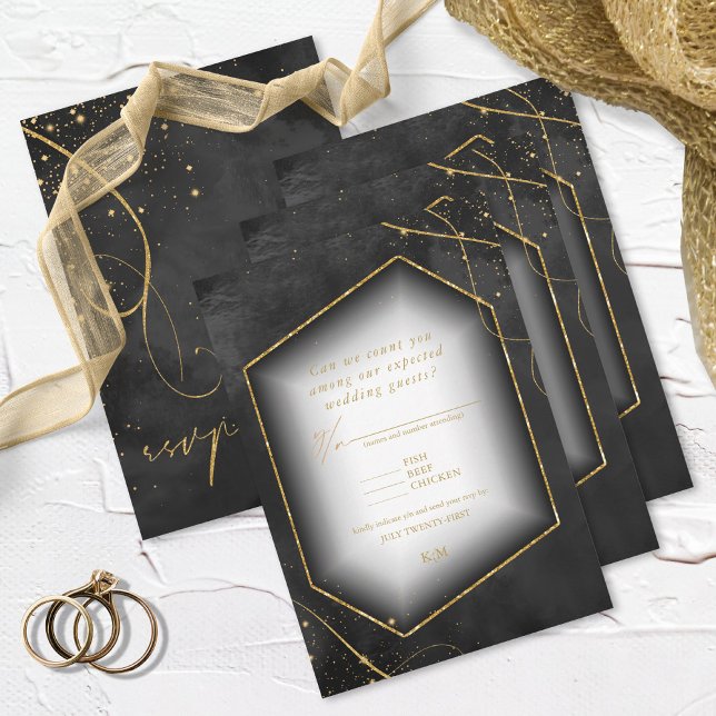 Cartão RSVP Fine Lines Dourado Abstrato Wedding Black ID867 (Criador carregado)