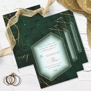 Cartão RSVP Fine Lines Dourado Abstrato Wedding Emerald ID867