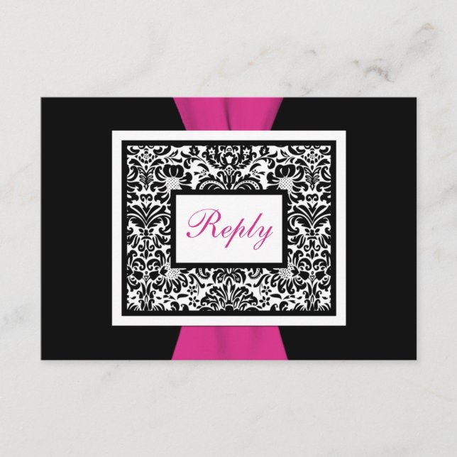 Cartão RSVP Fita estampada damasco preta, branca e rosa (Frente)