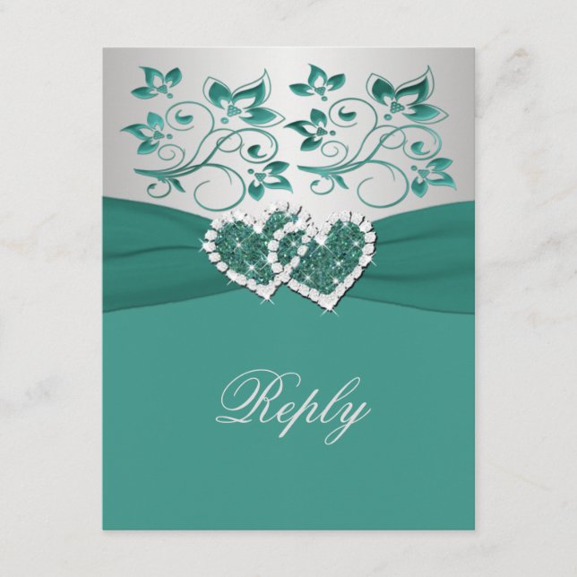 Cartão RSVP FITA IMPRESSA Cartão-Resposta Floral Prata e Azul  (Frente)