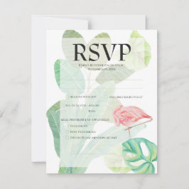 Cartão RSVP Flamingo Rosa, Folhas e Flores Tropicais