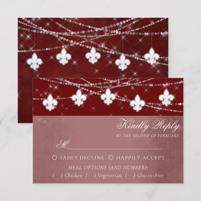 Cartão RSVP Fleur de Lis Dark Red Lights | Elegante (Frente/Verso)
