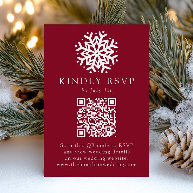 Cartão RSVP Floco de Neve Simples Código QR Casamento Borgonha (Criador carregado)