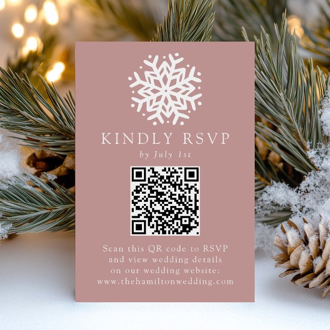 Cartão RSVP Floco de Neve Simples Rosa Empoeirado Código QR Ca (Criador carregado)