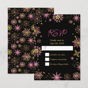 Cartão RSVP Flocos de Neve Dourados e Rosa Inverno