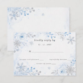 Cartão RSVP Flocos de Neve Florais Azul Prata Casamento de Inv