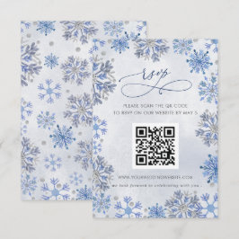 Cartão RSVP Flocos de Neve Prata Azul Casamento de Inverno QR 