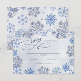 Cartão RSVP Flocos de Neve Prata Azul Natal Inverno Casamento 
