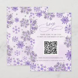 Cartão RSVP Flocos de Neve Prata Roxo Casamento de Inverno QR 
