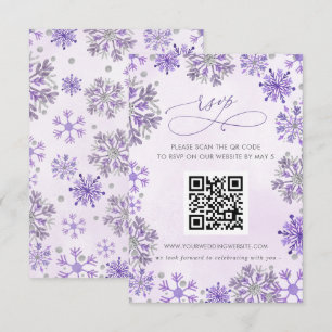 Cartão RSVP Flocos de Neve Prata Roxo Casamento de Inverno QR