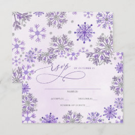 Cartão RSVP Flocos de Neve Prata Roxo Natal Inverno Casamento 