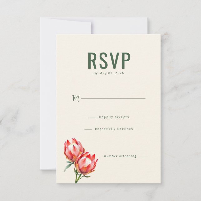 Cartão RSVP Flor Elegante Protea Creme (Frente)