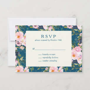 Cartão RSVP Florais Românticos Vintage em Casamento Azul Simpl