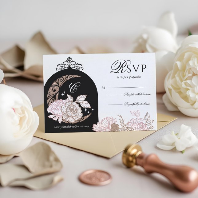 Cartão RSVP Florais Rosa Elegantes Estrelas da Lua Tiara Quinc (Elegant Pink Florals Moon Stars Tiara Quinceañera RSVP Card)