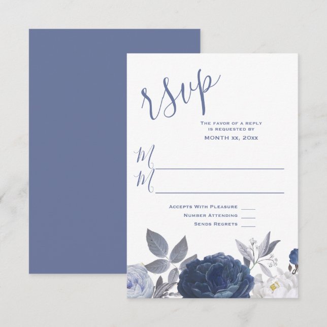 Cartão RSVP Floral Azul Brilhante de Casamento de Verão (Frente/Verso)