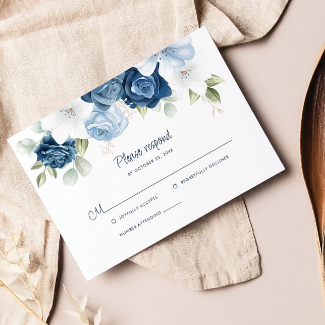 Cartão RSVP Floral Azul com Pó Botânico (Dusty Blue Floral Wedding RSVP Card)