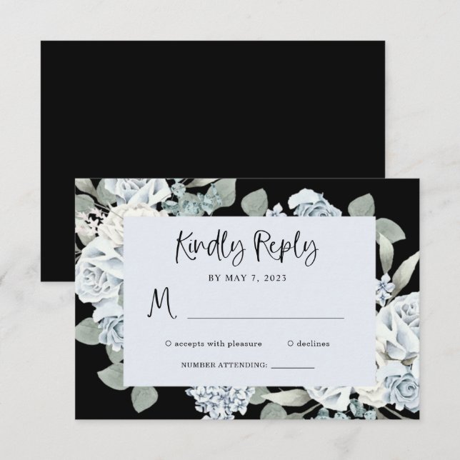 Cartão RSVP Floral azul preto e poeirento | Casamento por Aqua (Frente/Verso)