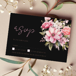Cartão RSVP Floral Black Pink Flowers Dark Aestética Casamento
