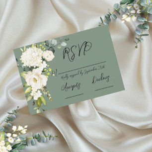 Cartão RSVP Floral Branco Verde Elegante