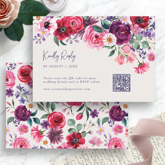 Cartão RSVP Floral Colorida (Elegant Colorful Watercolor Floral RSVP Card with QR Code by Painted Paperie
)