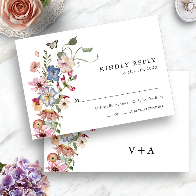 Cartão RSVP Floral Colorido (Floral Colorful RSVP Card Monogrammed with Butterfly by Painted Paperie
)