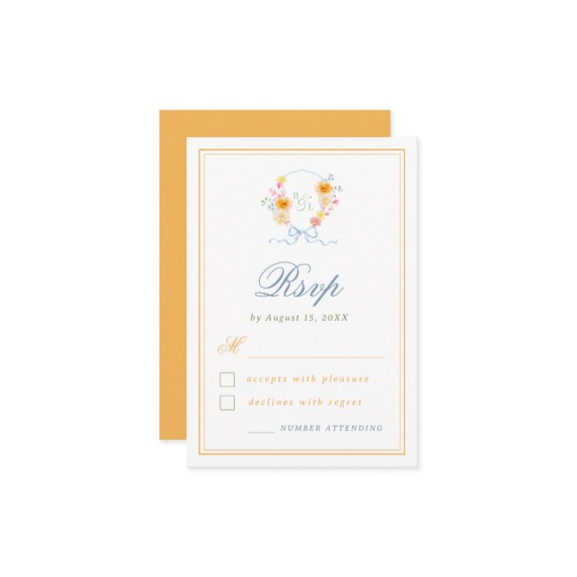 Cartão RSVP Floral Crest Bow Monogram Spring Wedding (Frente/Verso In Situ)