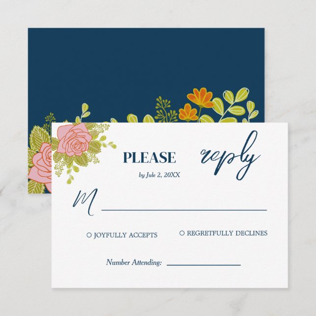 Cartão RSVP Floral Dark Marinho Blue Wedding Botanic (Frente/Verso)