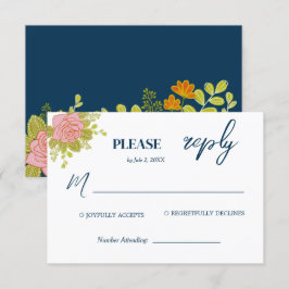 Cartão RSVP Floral Dark Marinho Blue Wedding Botanic