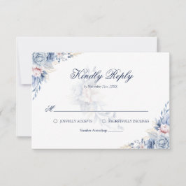Cartão RSVP Floral de Casamento Floral Azul e Dour