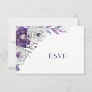 Cartão RSVP Floral de Prata Roxo   entrada + convidados