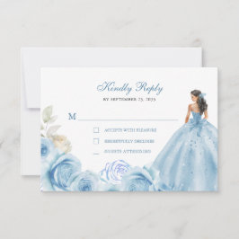 Cartão RSVP Floral Dusty Blue & Silver Princess Quinceañera