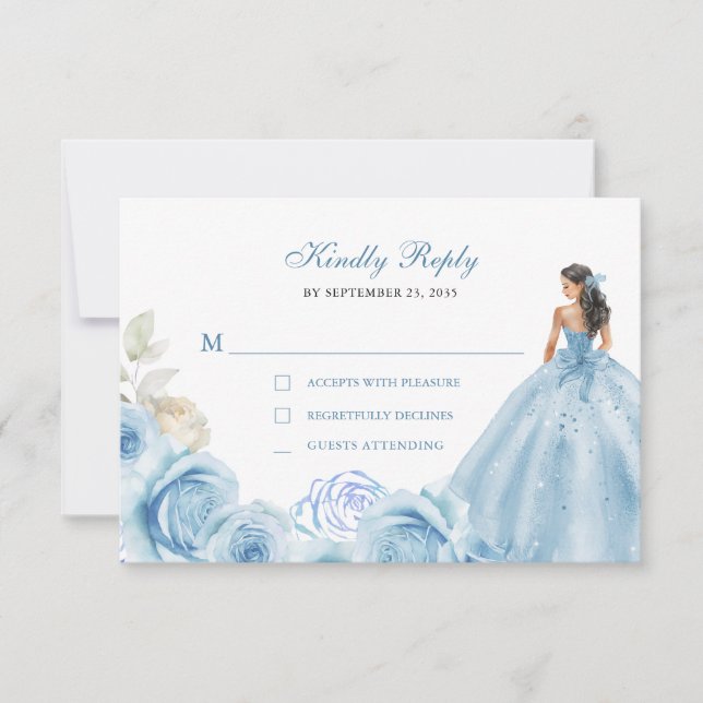 Cartão RSVP Floral Dusty Blue & Silver Princess Quinceañera (Frente)