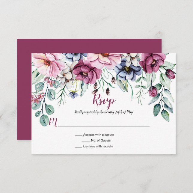 Cartão RSVP Floral em Aquarela Rosa e Azul (Frente/Verso)