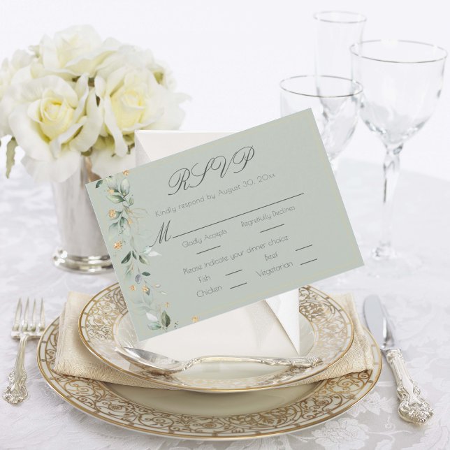 Cartão RSVP Floral Eucalyptus Greenery Dourado Sage Casamento  (Criador carregado)