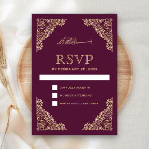 Cartão RSVP Floral Frame Plum e Dourado Casamento Muçulmano Is