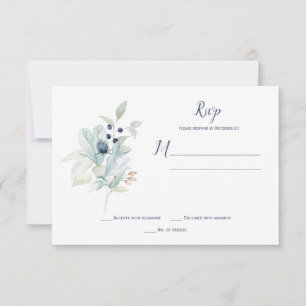 Cartão RSVP Floral Invernal em Azul Empolado e Verde Salvia