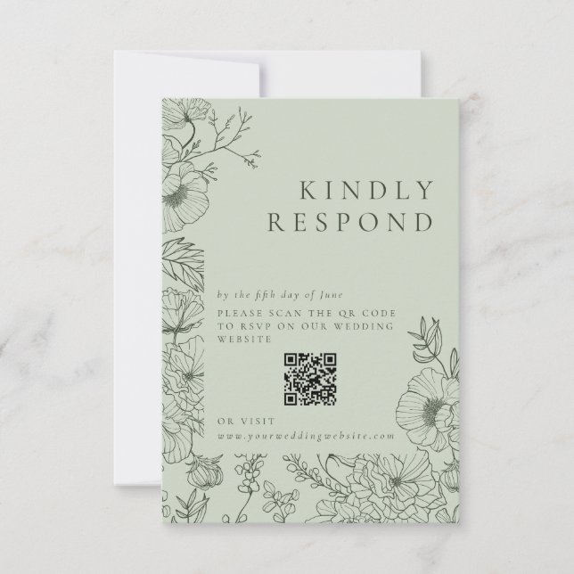 Cartão RSVP Floral Line Art Sage Green Wedding (Frente)