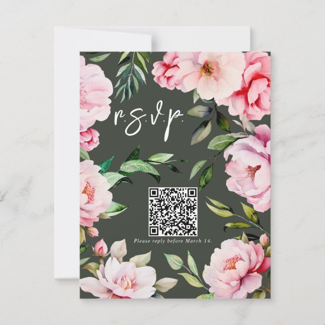 Cartão RSVP Floral Peony Magnolia Green Wedding QR (Frente)