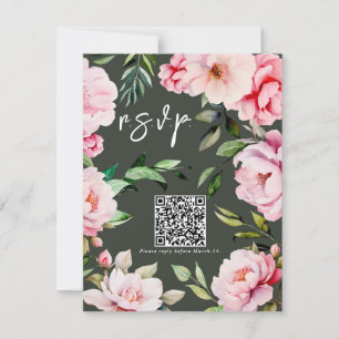 Cartão RSVP Floral Peony Magnolia Green Wedding QR