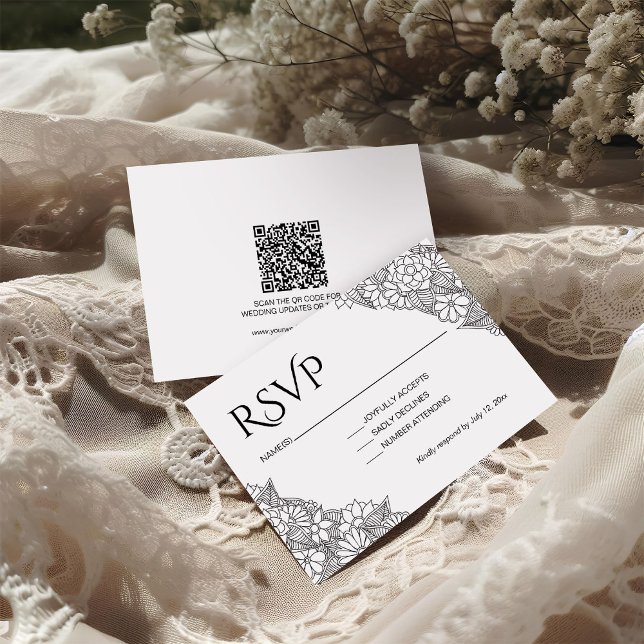 Cartão RSVP Floral Preto e Branco  (Criador carregado)