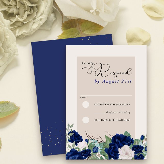 Cartão RSVP Floral Real Azul e Rosa marfim (RSVP cards with elegant calligraphy and floral border of royal blue navy and ivory roses)