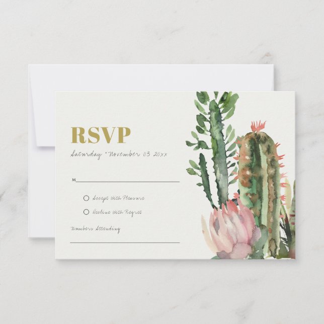 Cartão RSVP FLORAL ROSA FOLHAGEM DE CACTO DO DESERTO Aquarela  (Frente)