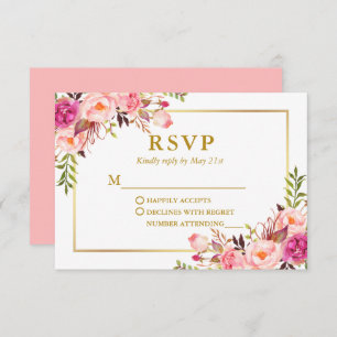Cartão RSVP Floral Rosa-Rosa-de-Watercolor, Casado Elegante Mo